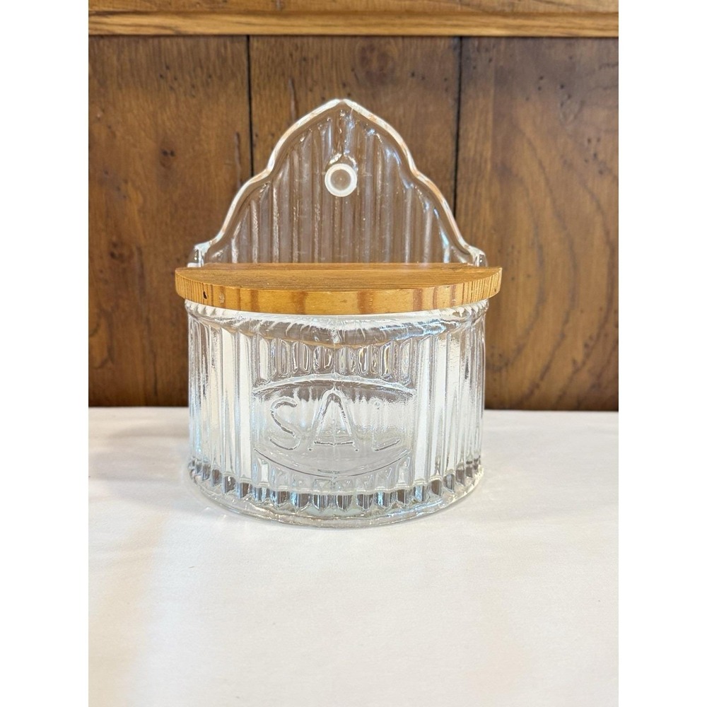 Vintage Hoosier Ribbed Clear Glass Salt Box With Wooden Lid Wall Mount~Rare